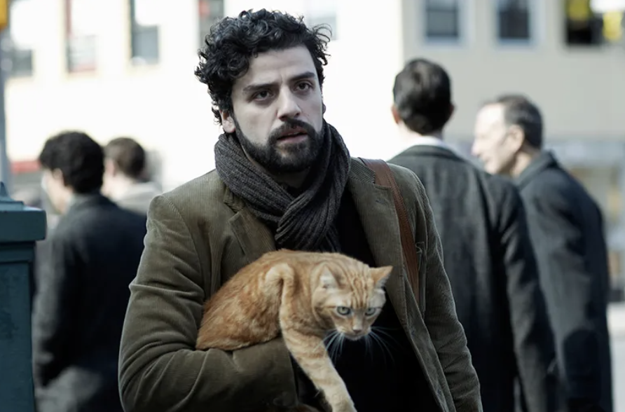 Oscar Isaac holds an orange cat while walking outside in a busy street scene with people in the background. He wears a scarf and a brown coat
