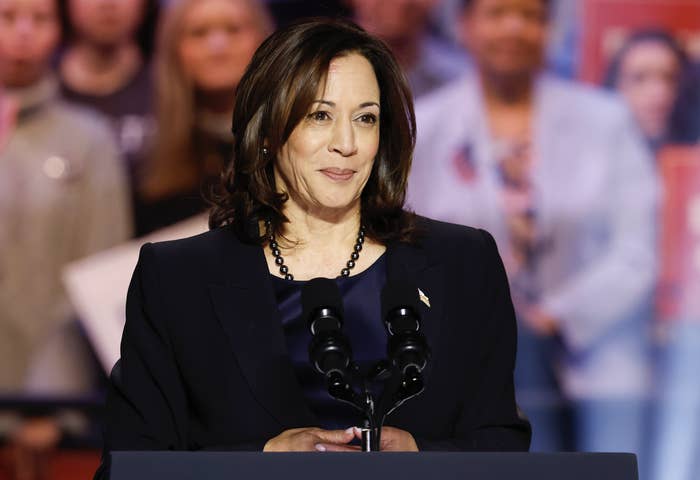 Kamala Harris speaks at a podium during a public event, wearing a dark suit. Several people are blurred in the background