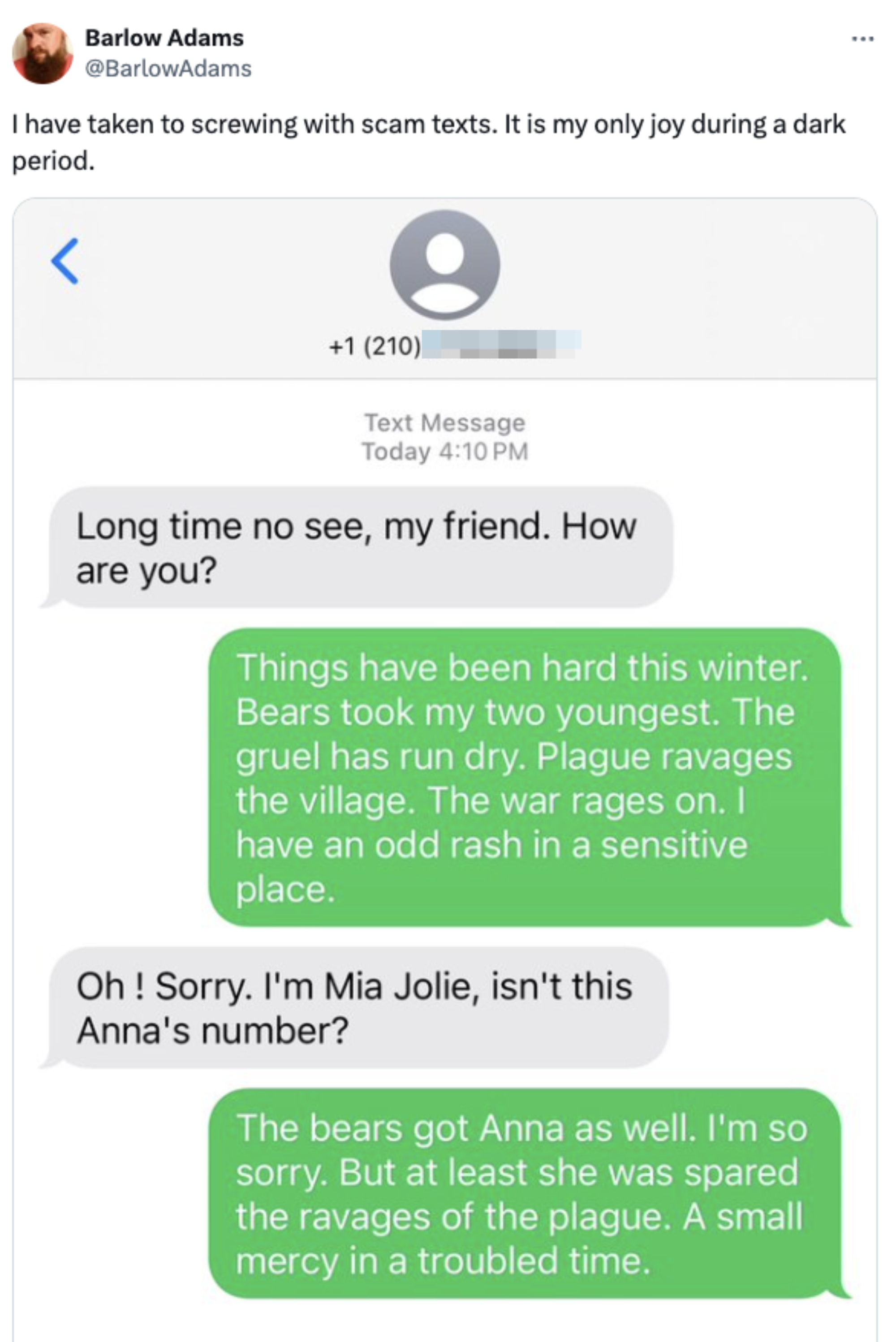 A screenshot of a humorous text conversation discussing a dark winter with plague, bear attacks, and odd rashes. The sender informs the recipient they have the wrong number