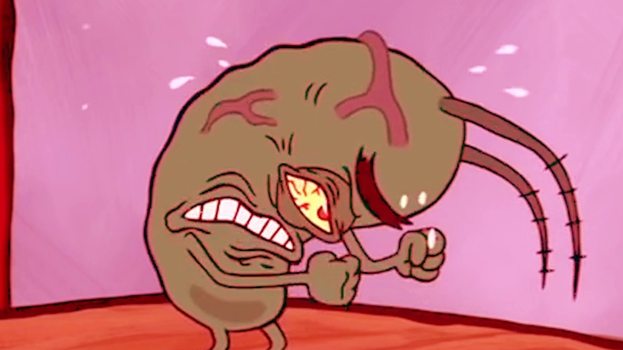 Plankton del programa Bob Esponja con expresión furiosa y empuñando sus manos