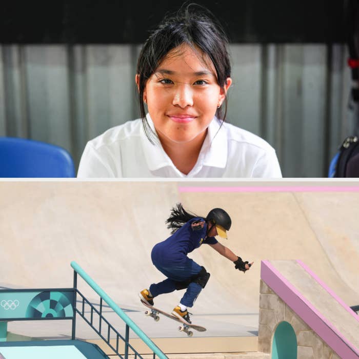 Top image: Teen girl in a white shirt smiling. Bottom image: Same girl wearing safety gear skateboarding over a ramp at the Olympics