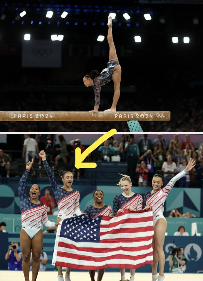 Simone Biles performs on the balance beam. Afterwards, Simone Biles, Jordan Chiles, Suni Lee, Jade Carey, and Grace McCallum celebrate with the US flag