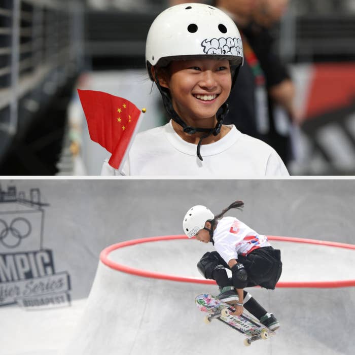 Skateboarder Sky Brown smiles and holds a Chinese flag (top). Sky Brown skateboarding in a U-shaped pipe at an Olympic event (bottom)