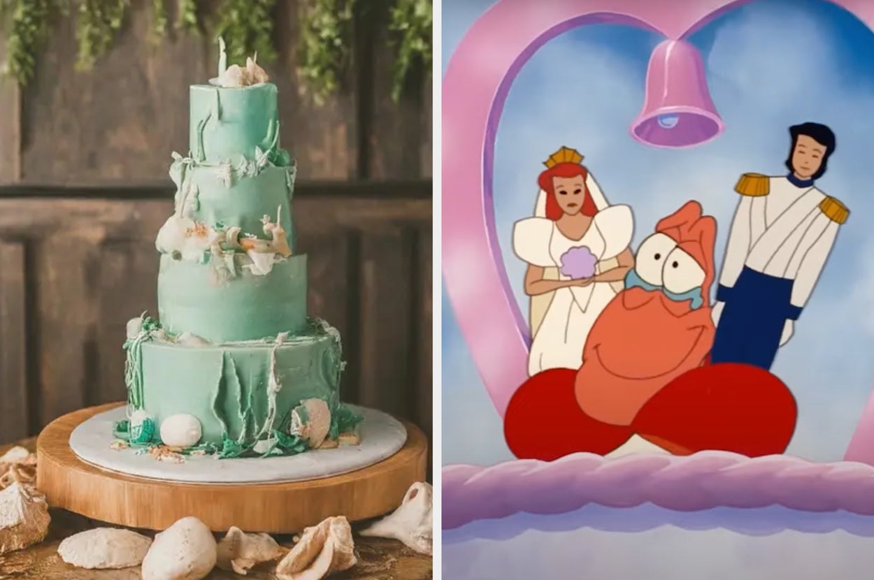Three-tiered ocean-themed cake with seashell decorations next to Ariel and Prince Eric cake toppers from The Little Mermaid with Sebastian in a heart-shaped frame