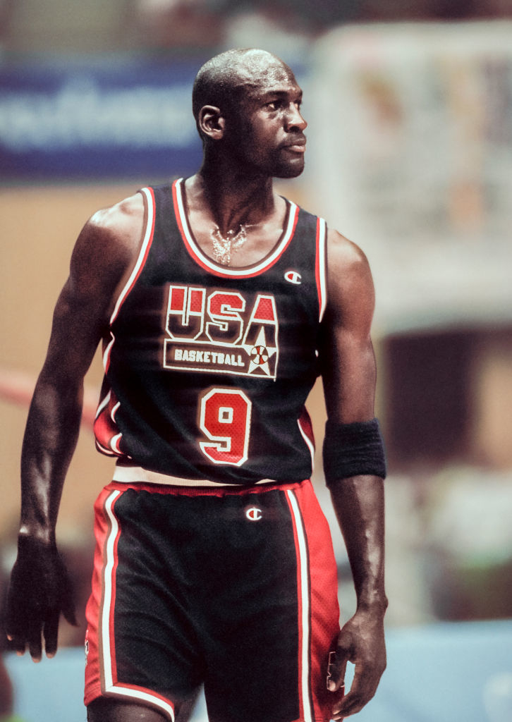 Michael Jordan wearing a Team USA basketball uniform with the number 9 during a game