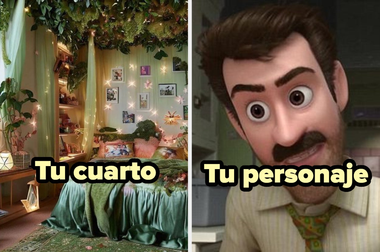 Una habitación decorada con luces y plantas. A la derecha, un personaje animado con bigote y cejas tupidas. Texto: "Tu cuarto" y "Tu personaje"