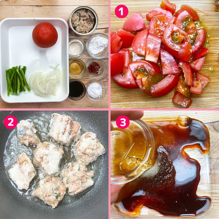 トマト料理のステップバイステップガイド。1. トマトを切る。2. 材料を炒める。3. 調味料を加える。