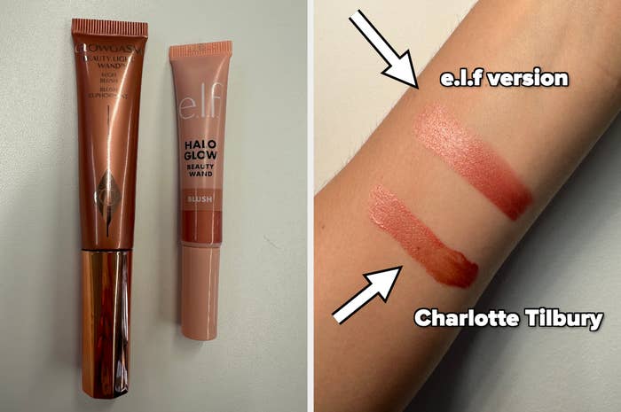 Two makeup tubes, one labeled "Charlotte Tilbury Beauty Light Wand" and the other "e.l.f. Halo Glow Blush." Swatches of both products are seen on an arm