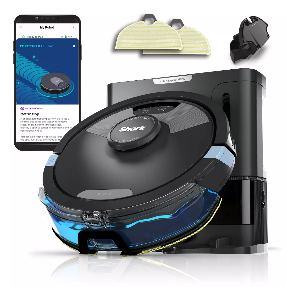 Shark robot vacuum with mop and dock station, shown with a smartphone displaying the product app. Accessories include mop pads and a clip-on attachment