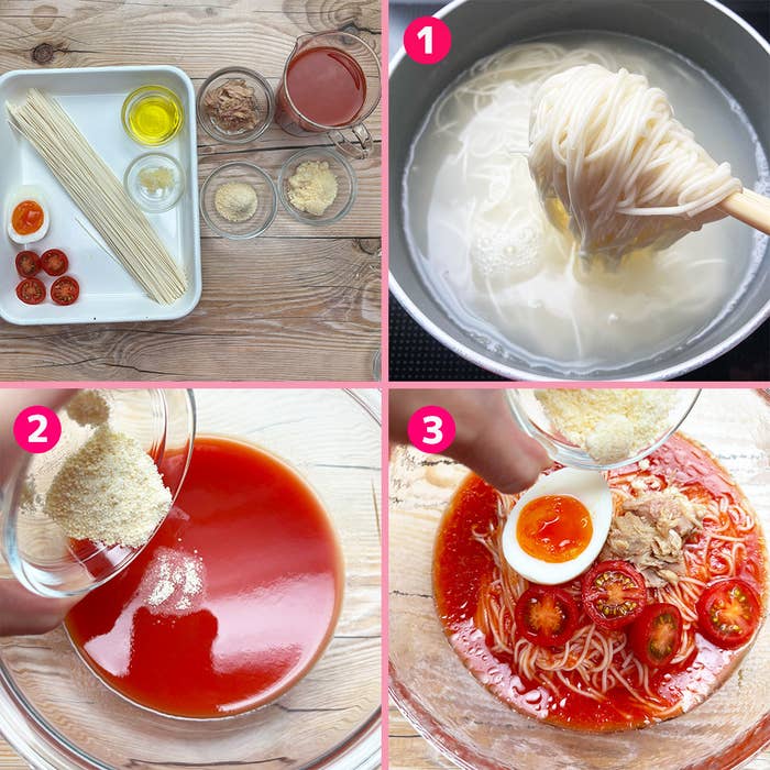 調理手順の画像。素麺を茹でる、トマトジュースにチーズを混ぜる、