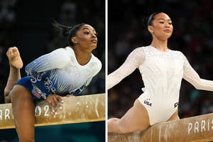 Simone Biles and Suni Lee performing gymnastics routines on balance beams at the Paris 2024 competition