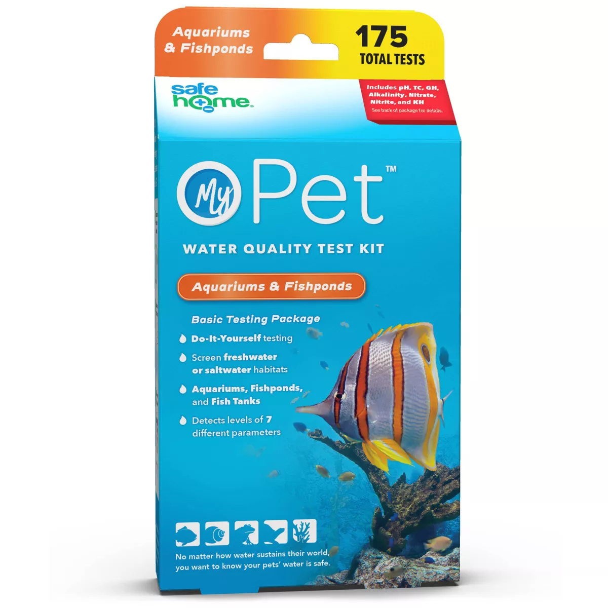 MyPet Water Quality Test Kit box features a colorful fish illustration and highlights 175 total tests for aquariums and fishponds, suitable for freshwater and saltwater