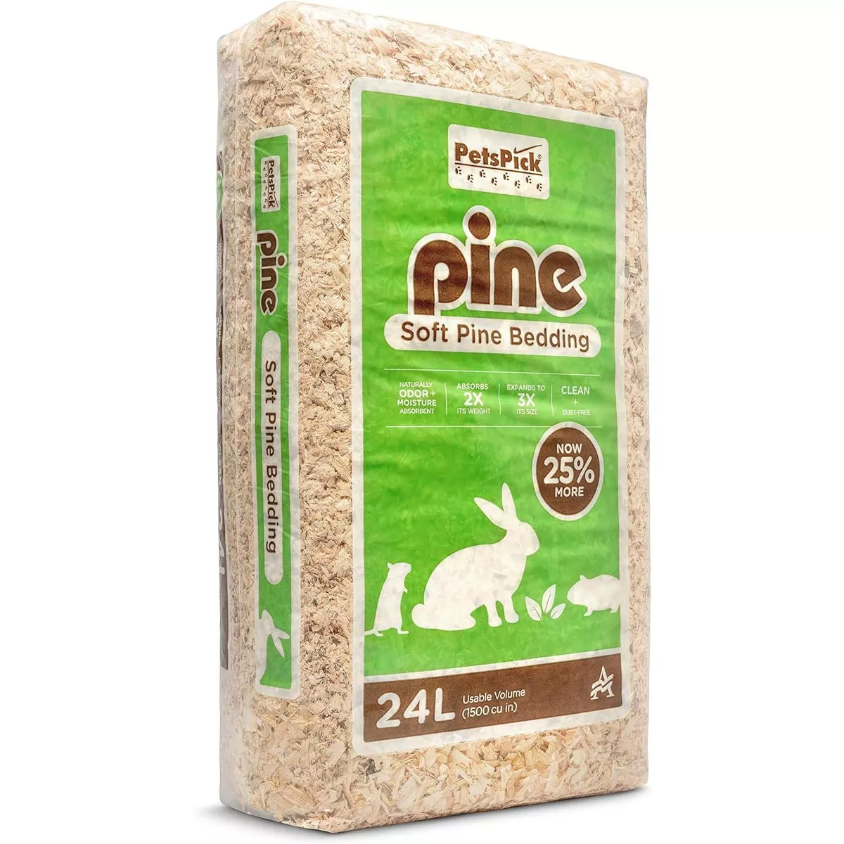 PetsPick Soft Pine Bedding, 24L package, with illustrations of small animals; advertised as odor-controlled and more absorbent