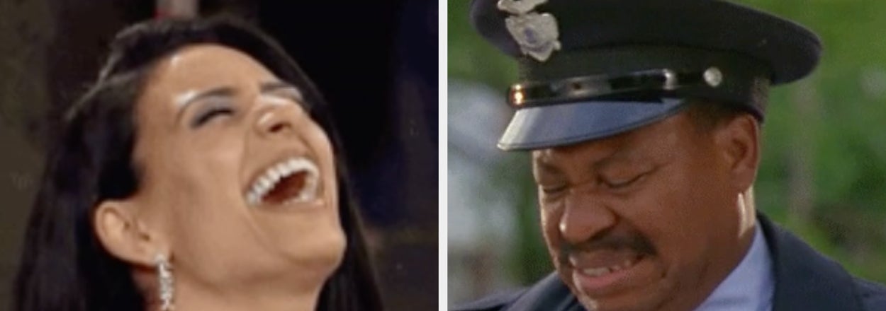 On the left, a woman laughs heartily; on the right, a police officer grimaces. Text reads: "A guy in the city I live in was car-hopping and literally jumped into the lap of an unmarked cop."