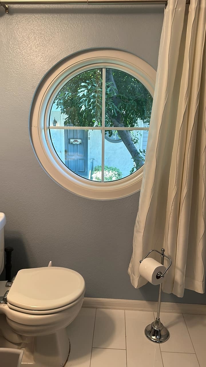 Bathroom with toilet, round window showing an outdoor scene including a tree and house, and a curtain next to it
