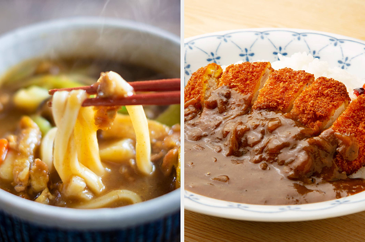 左側には箸で持ち上げられたうどんの一部が、右側にはカツカレーの皿が写っています。