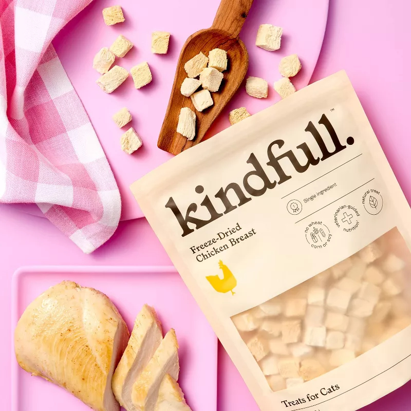 Kindfull brand freeze-dried chicken breast cat treats in a package, with some pieces on a wooden spoon
