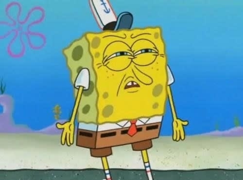SpongeBob SquarePants stands with a skeptical expression, wearing his usual white shirt, red tie, brown shorts, and a hat with an anchor symbol