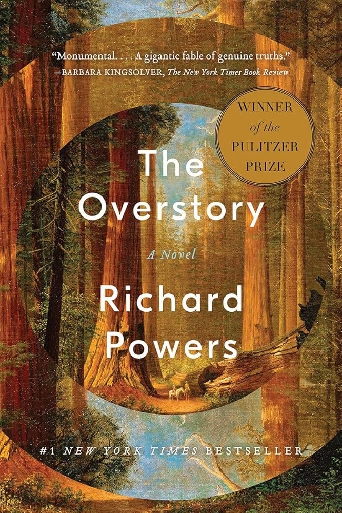 Book cover of "The Overstory: A Novel" by Richard Powers, featuring a forest scene and text indicating it is a Pulitzer Prize winner and a #1 New York Times Bestseller