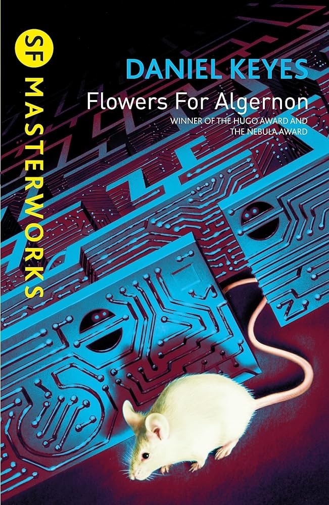 Cover of "Flowers For Algernon" by Daniel Keyes. The title and author's name are shown with an image of a white mouse on a geometric background. Winner of the Hugo and Nebula Awards