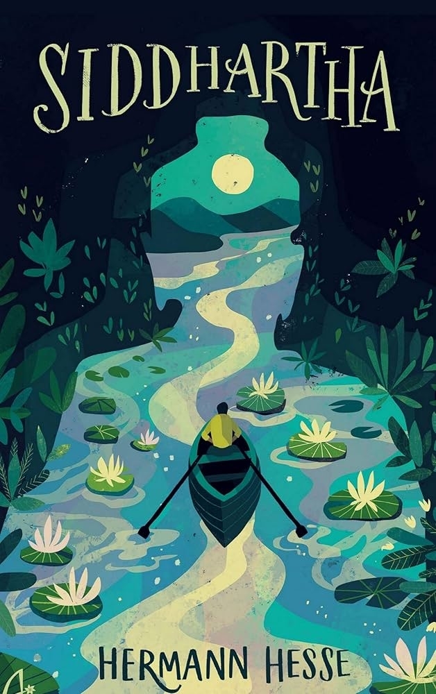 Cover of the book "Siddhartha" by Hermann Hesse, showing an illustration of a man rowing a boat on a river with lotus flowers and full moon above