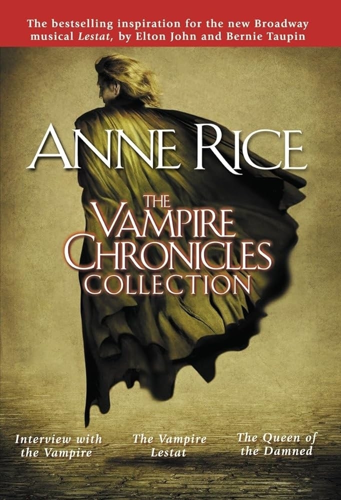 Cover of "The Vampire Chronicles Collection" by Anne Rice, featuring a cloaked figure. Text highlights "Interview with the Vampire," "The Vampire Lestat," and "The Queen of the Damned."