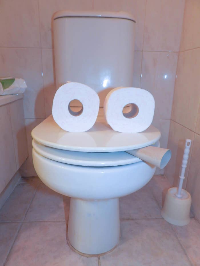 A toilet with two rolls of toilet paper placed on the lid and an empty roll positioned in the seat making it appear as a face