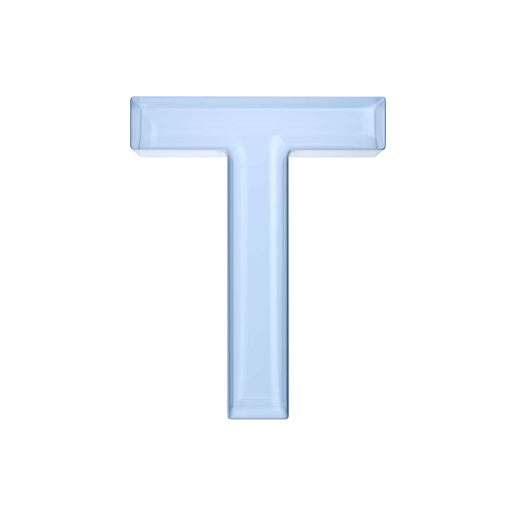 A light blue, three-dimensional uppercase letter "T" set against a white background