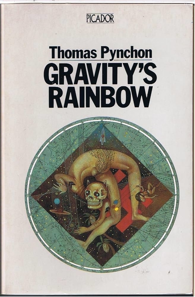 Book cover: "Gravity's Rainbow" by Thomas Pynchon. The illustration shows a surreal depiction of a figure with a skull head intertwined within a geometric design