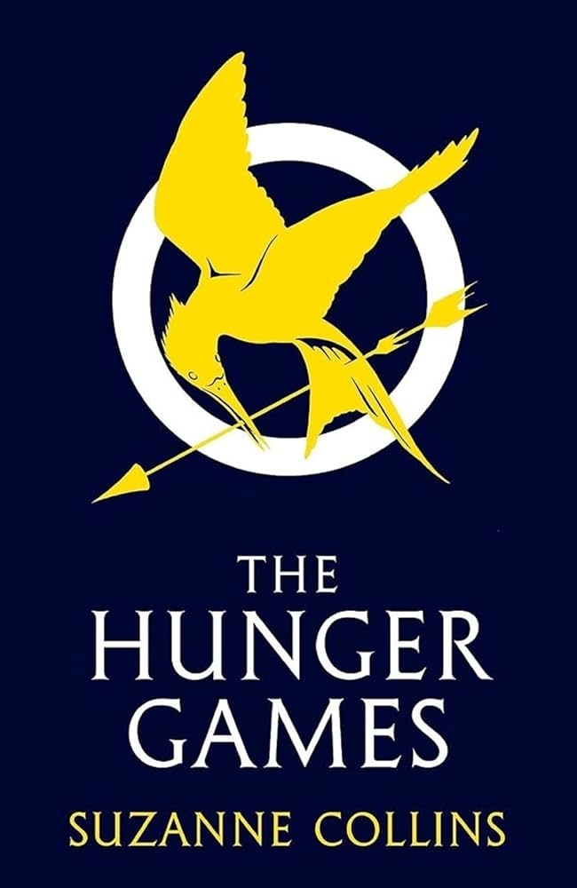 Book cover of "The Hunger Games" by Suzanne Collins, featuring a bird holding an arrow in its beak within a circular emblem
