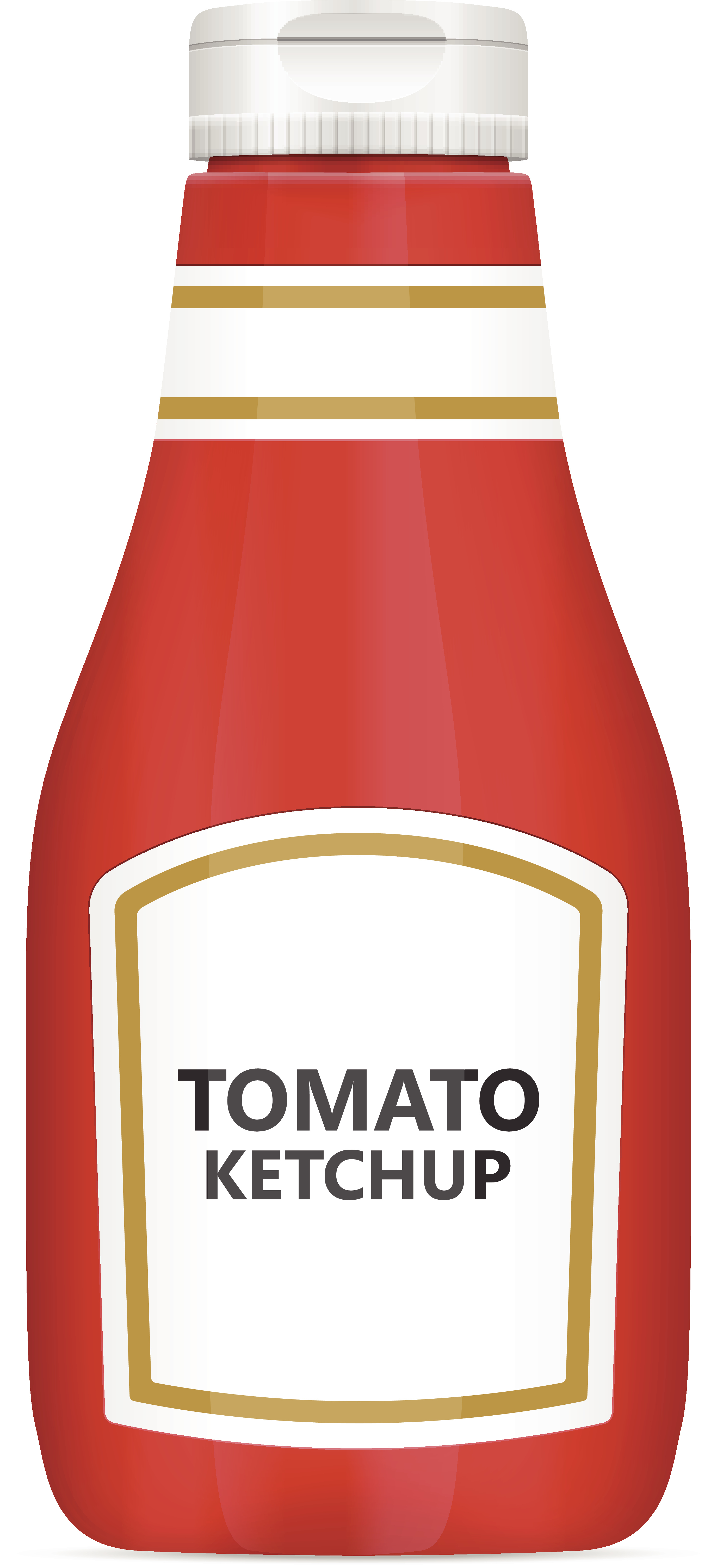 A bottle of tomato ketchup with a white label and gold border. The label text reads "Tomato Ketchup."