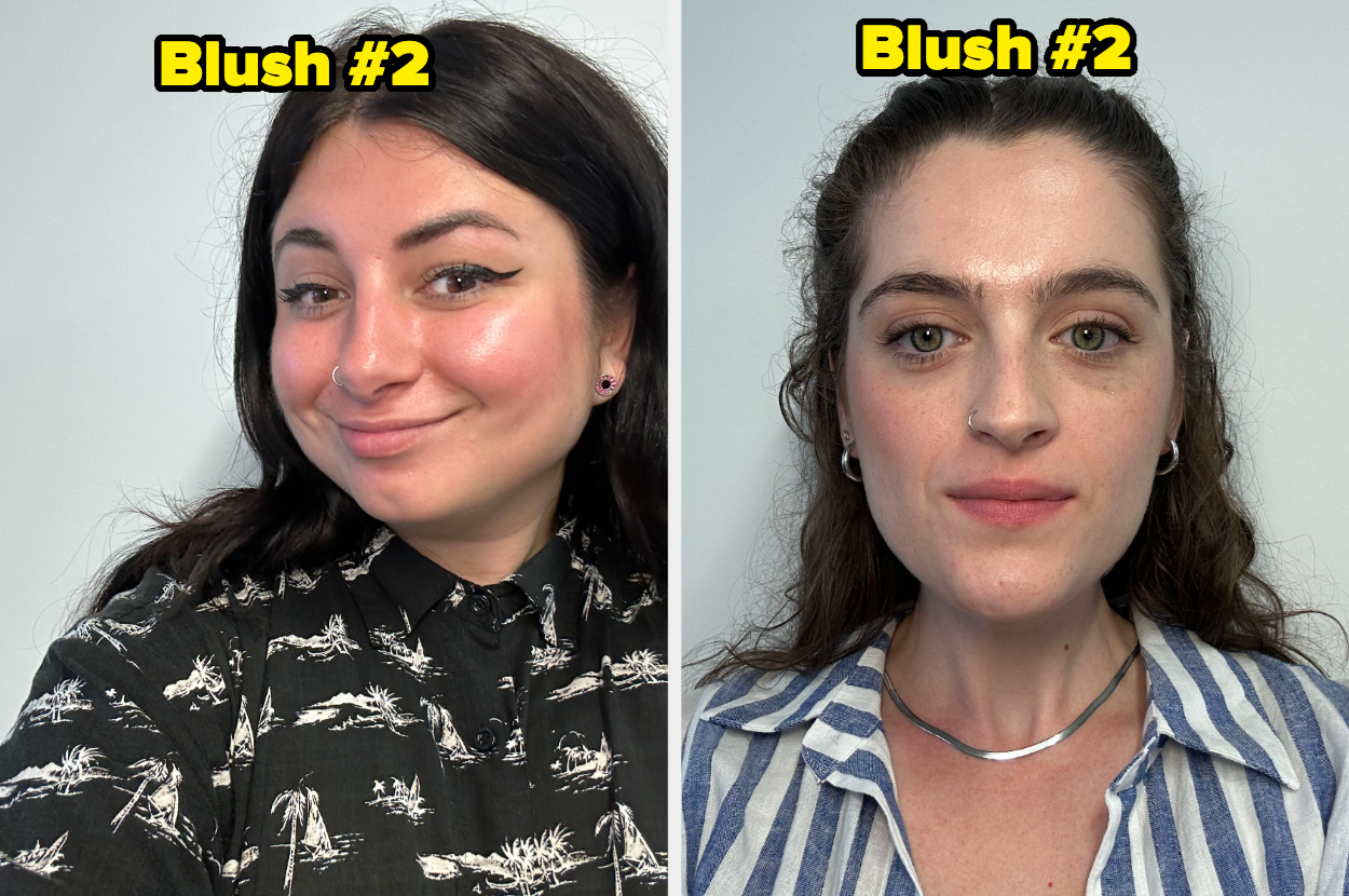 Two women wearing different patterned shirts are shown side by side, both with the label "Blush #2" above their heads