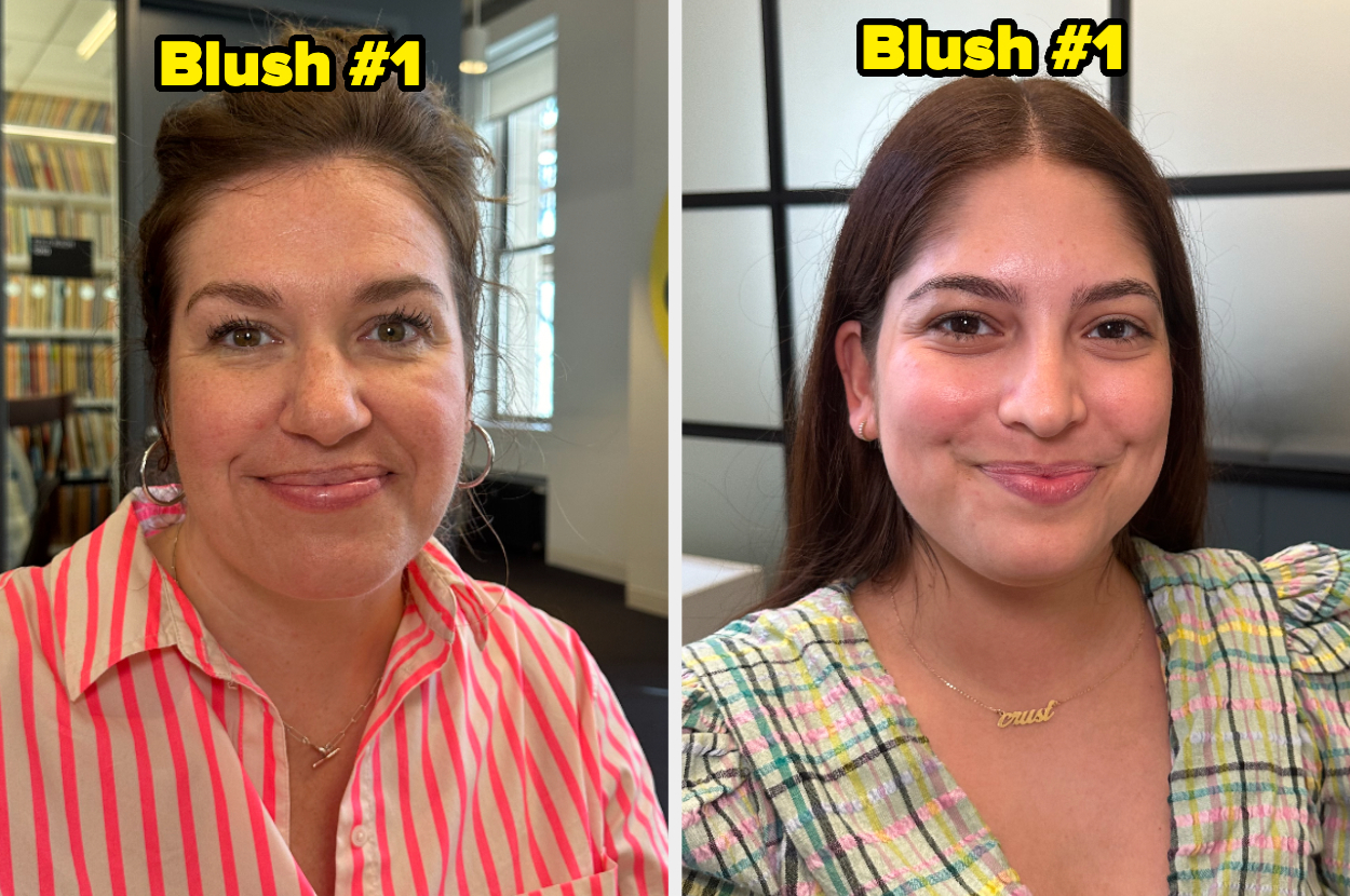 Two women, identified as Blush #1, smiling at the camera. Both wear striped tops and personalized necklaces