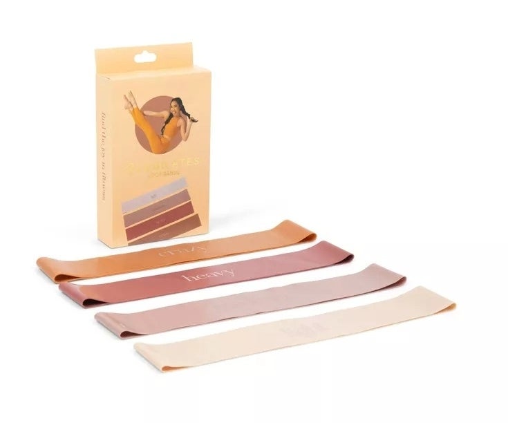 Set of five resistance bands in different shades with a box labeled "Booty Bands." Great for home workouts and strength training