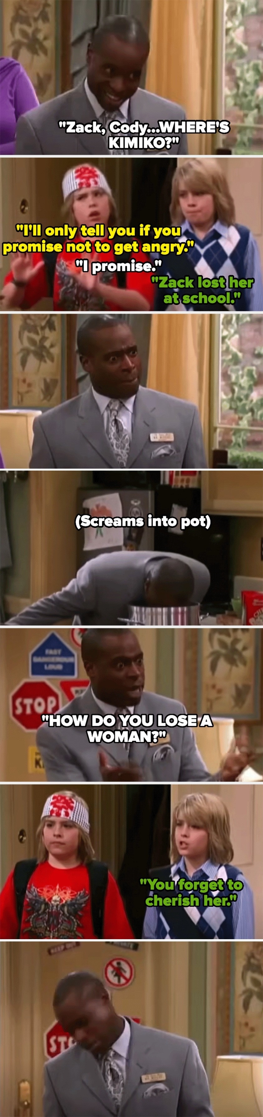 Image shows Mr. Moseby with Zack and Cody from "The Suite Life of Zack & Cody." Mr. Moseby asks about Kim, Zack promises her back in school, Mr. Moseby screams, and Zack responds with confusion
