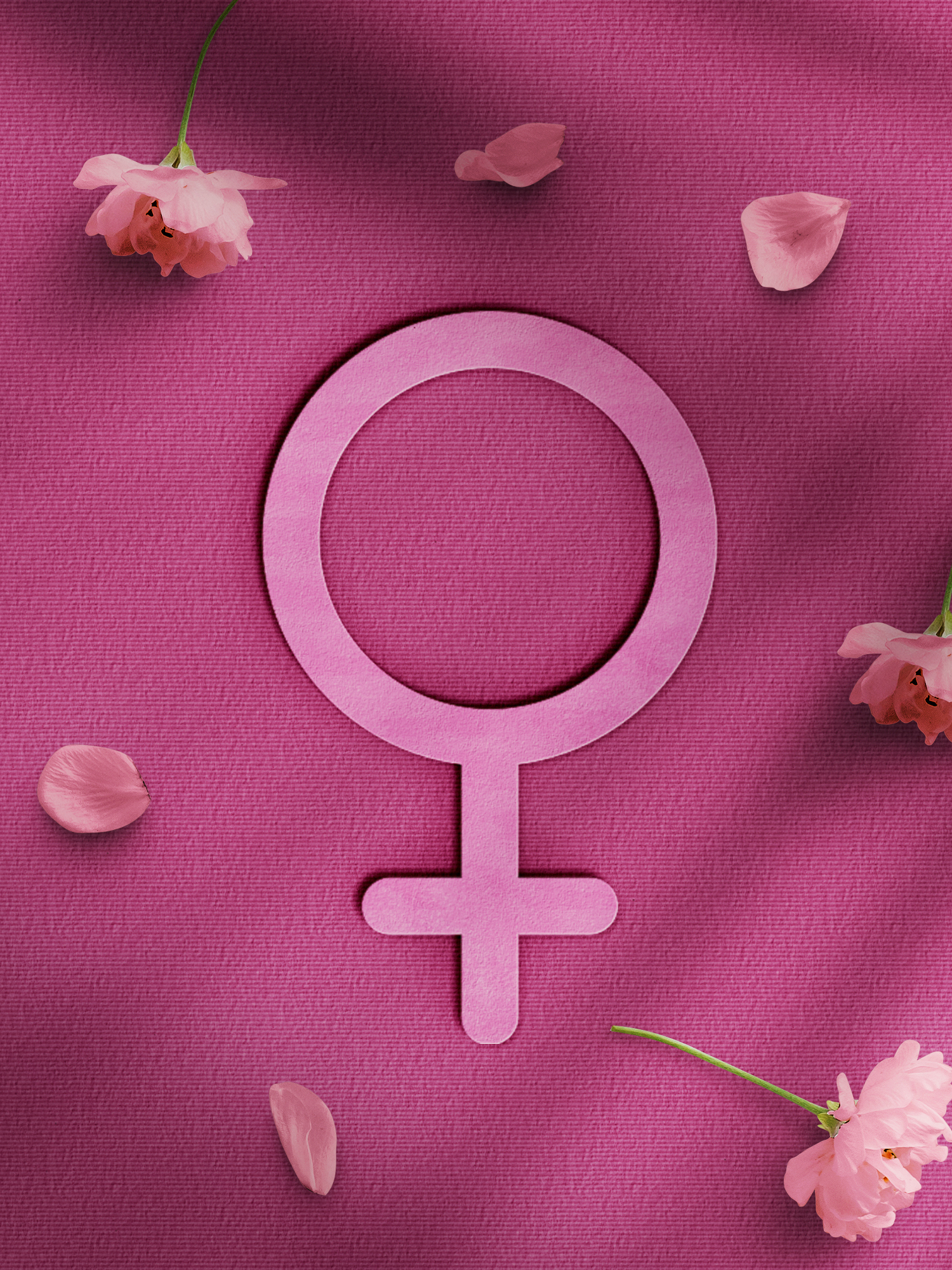 Feminine symbol on a pink background surrounded by pink petals and flowers