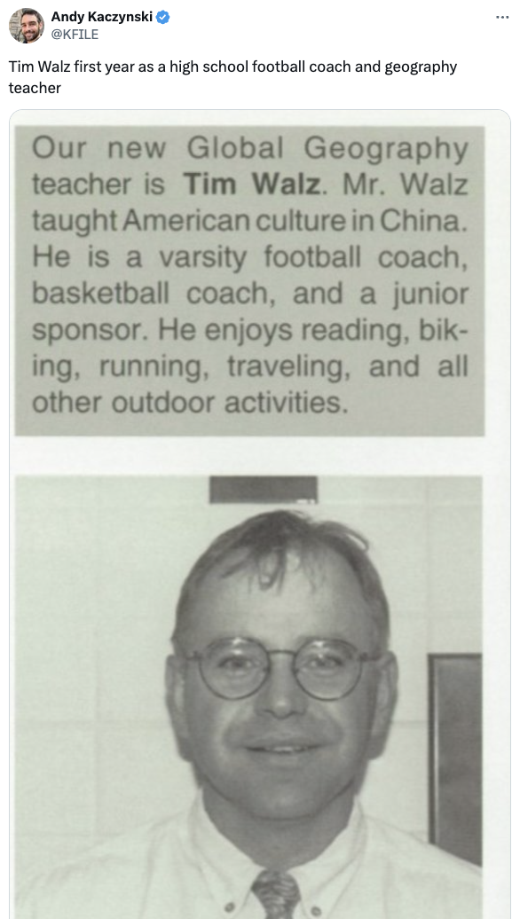 Image of a newspaper clipping with headline: "Our new Global Geography teacher is Tim Walz." The article highlights his roles and interests