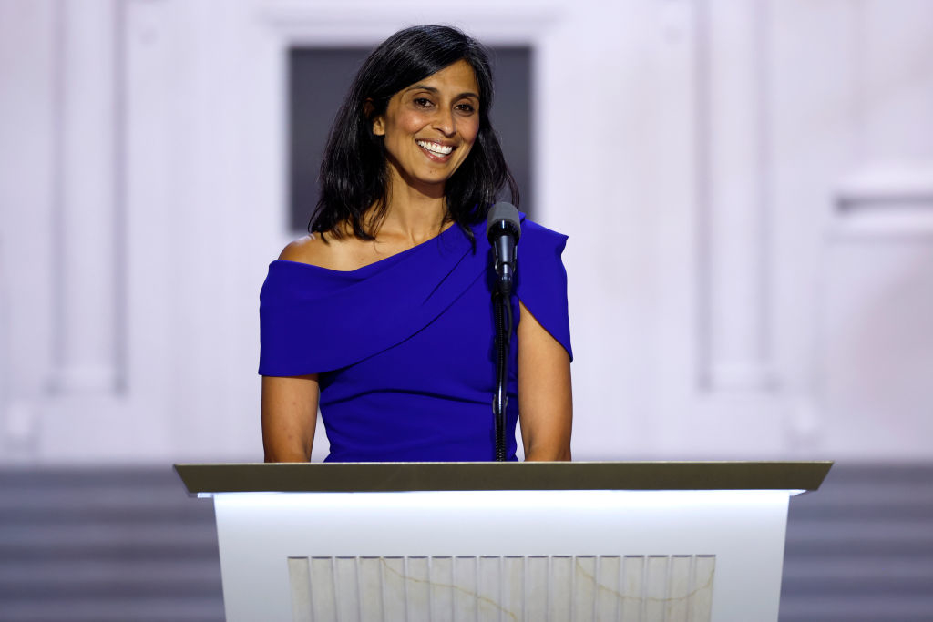 Usha Vance standing at a podium