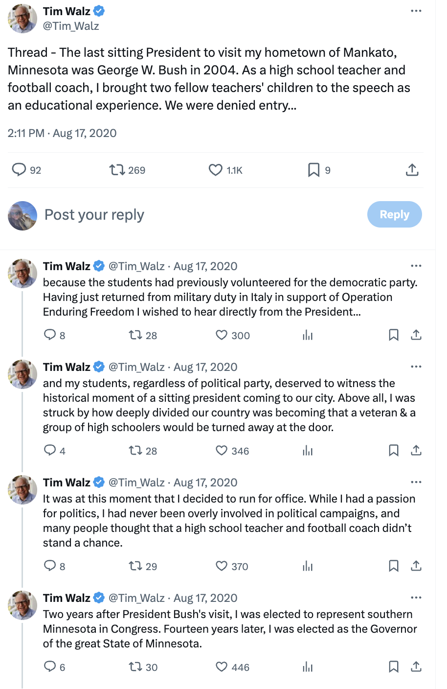 Twitter thread summary by Tim Walz: Shared experience of George W. Bush’s 2004 visit to Mankato High School, his earlier involvement in Operation Enduring Freedom, and reflections on the effort to organize the visit for students