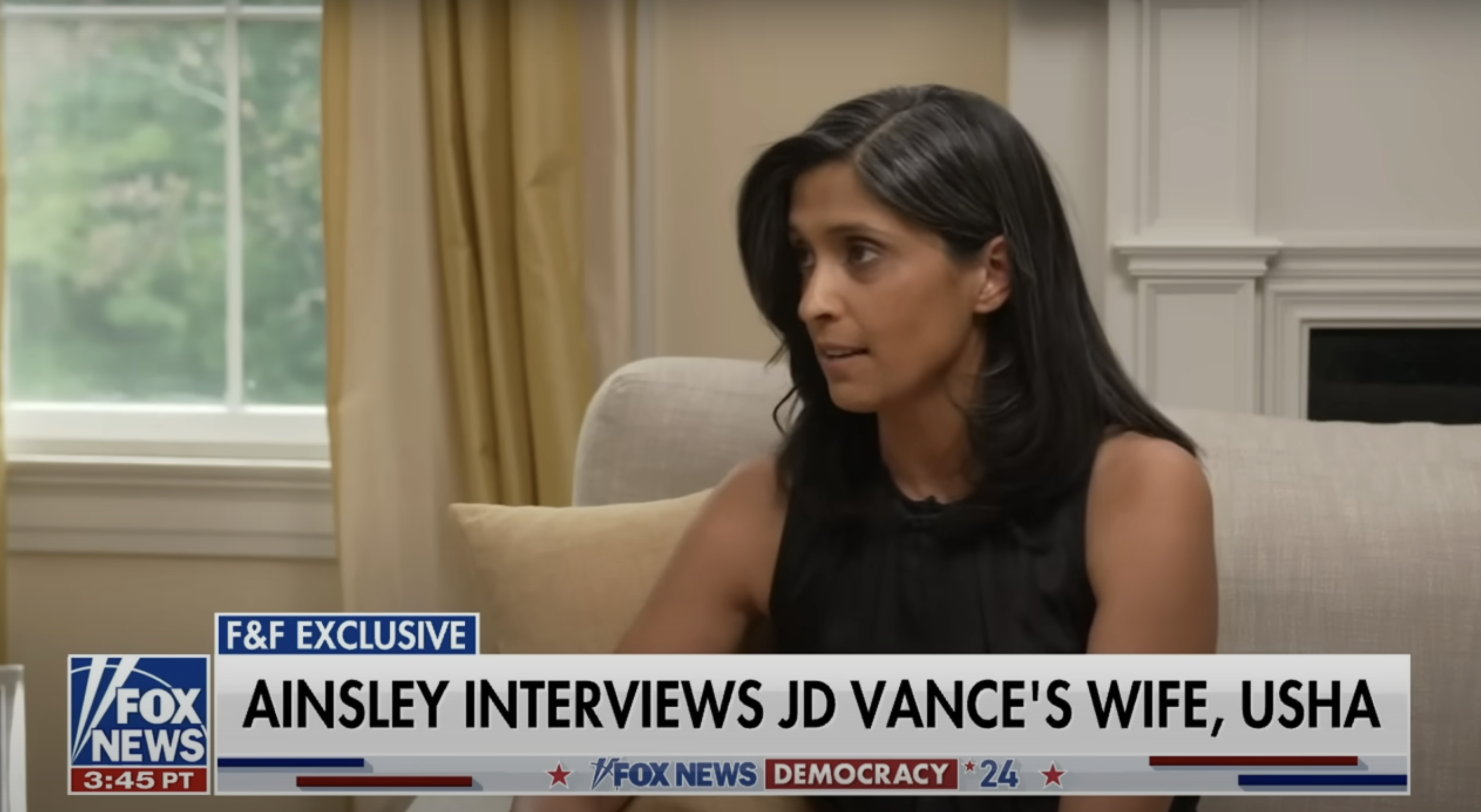 Ainsley Earhardt interviews JD Vance's wife, Usha, on Fox News. The text banner reads: "AINSLEY INTERVIEWS JD VANCE'S WIFE, USHA."