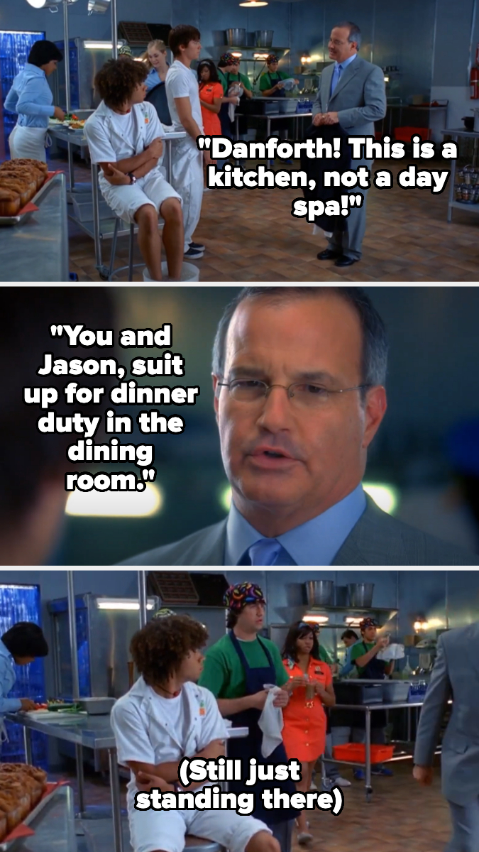 Characters in a kitchen. People include Danforth, Jason, and a man in a suit with glasses. The suit man directs Danforth and Jason to prepare for dinner duty in the dining room