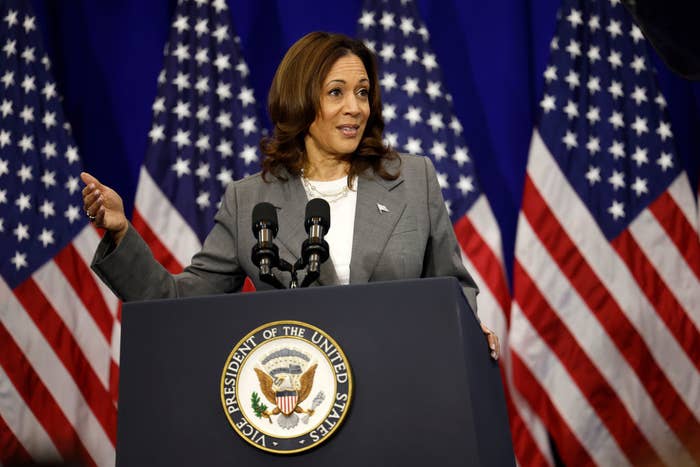 Kamala Harris speaks at a podium with the U.S. Seal, in front of multiple American flags, wearing a grey blazer and white top