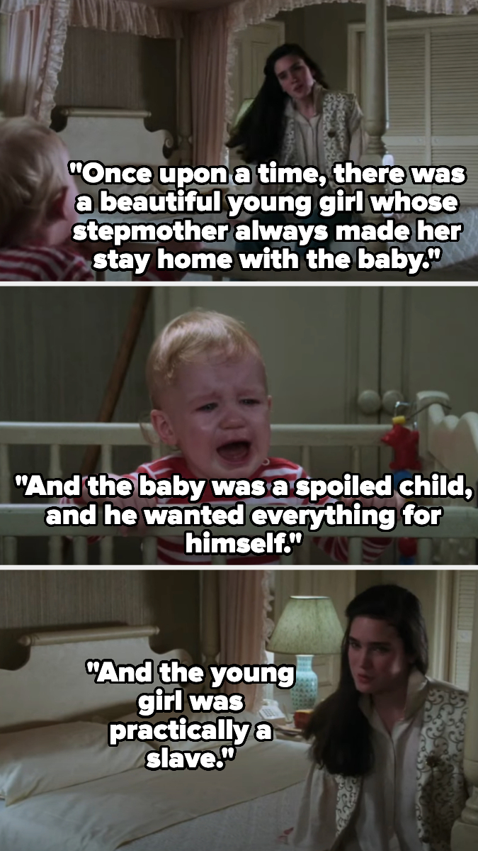 A woman, played by Jennifer Connelly, narrates a story to a crying baby about a girl forced to stay home. The girl is described as virtually a slave to the spoiled child