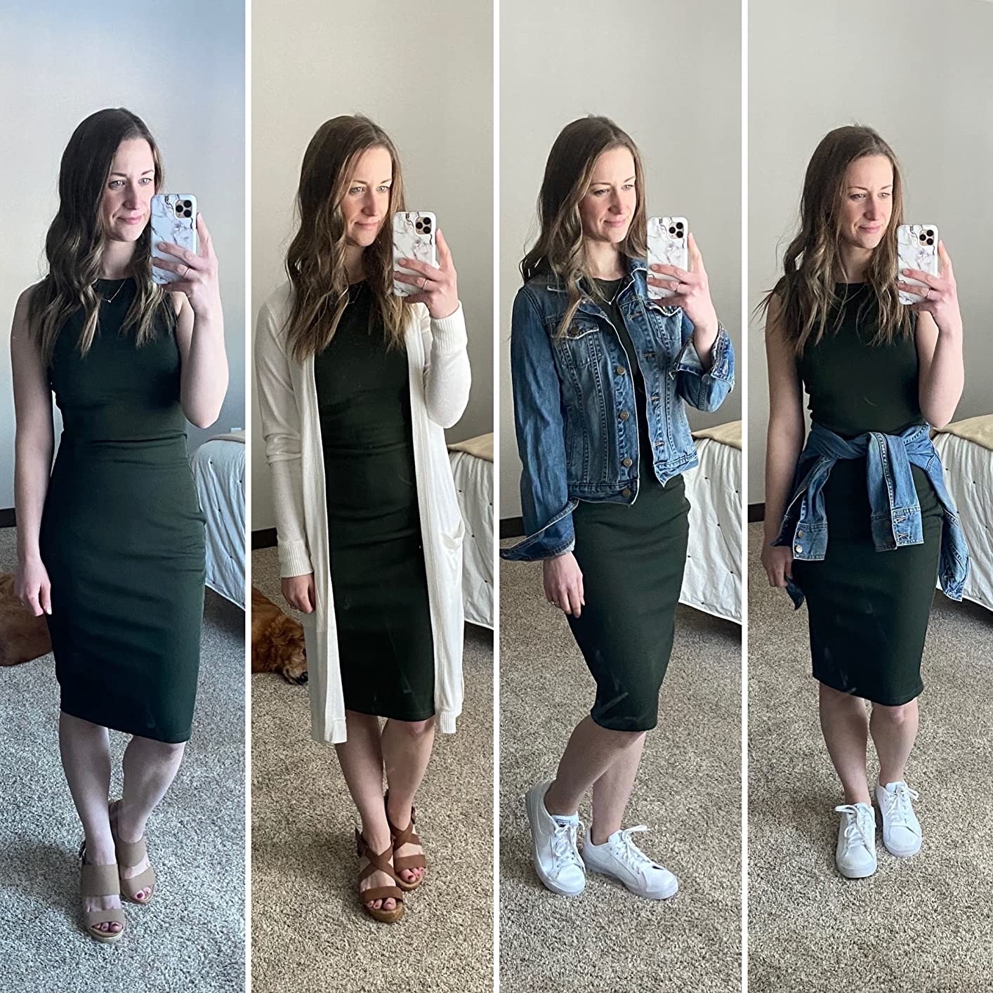 Reviewer's photo collage of them wearing the bodycon dress in the color black, styled four ways: with tan sandals, with a white cardigan and brown sandals, with a denim jacket and white sneakers, and with the jacket tied at her waist and white sneakers