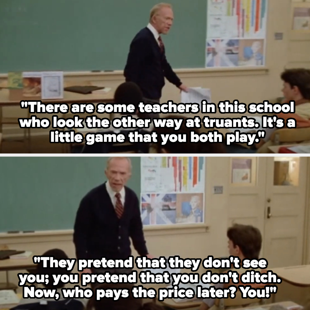 Two frames from a TV show, with a teacher speaking to a student in a classroom. The teacher is discussing truancy and its consequences