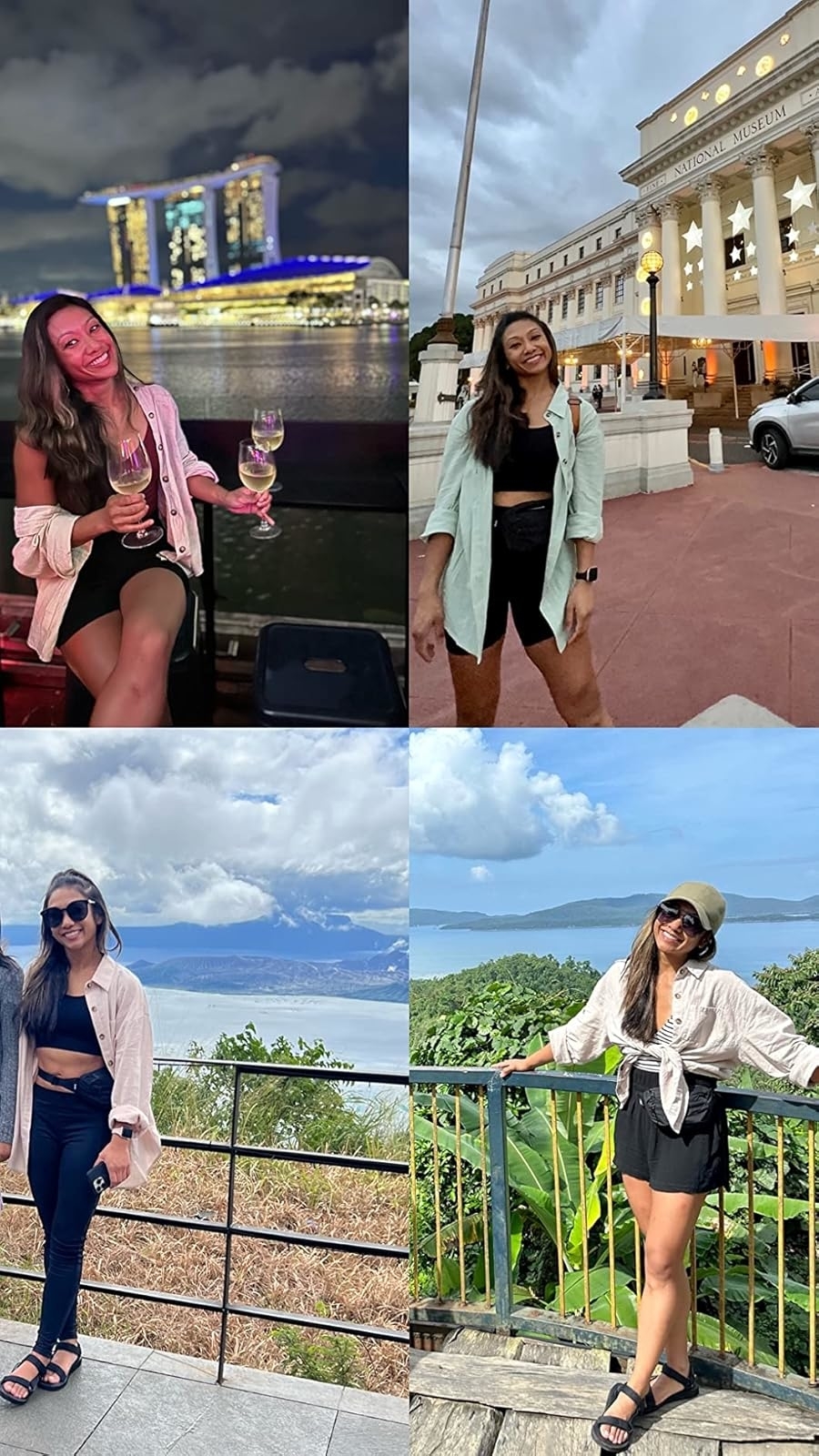 Reviewer's photo collage of them wearing the button-down four ways: open over a dress, open over shorts and a crop top, open over leggings and a cropped tank, and tied over flutter shorts and a striped top