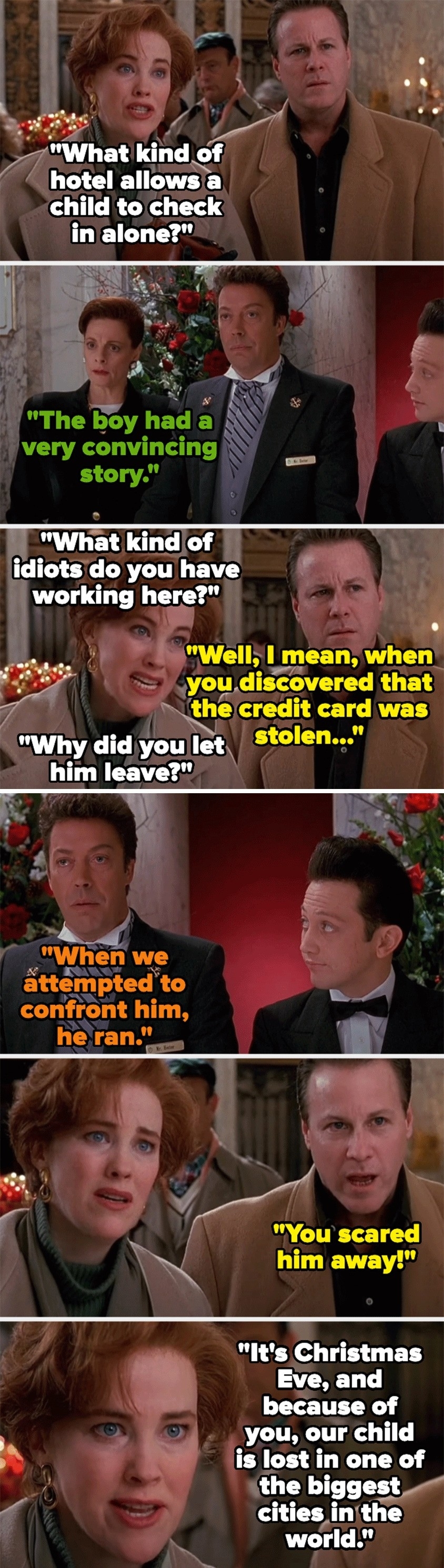 Screenshot from "Home Alone 2" with dialogue between hotel staff and Kevin's mom, played by Catherine O'Hara, about Kevin checking in alone with a stolen credit card