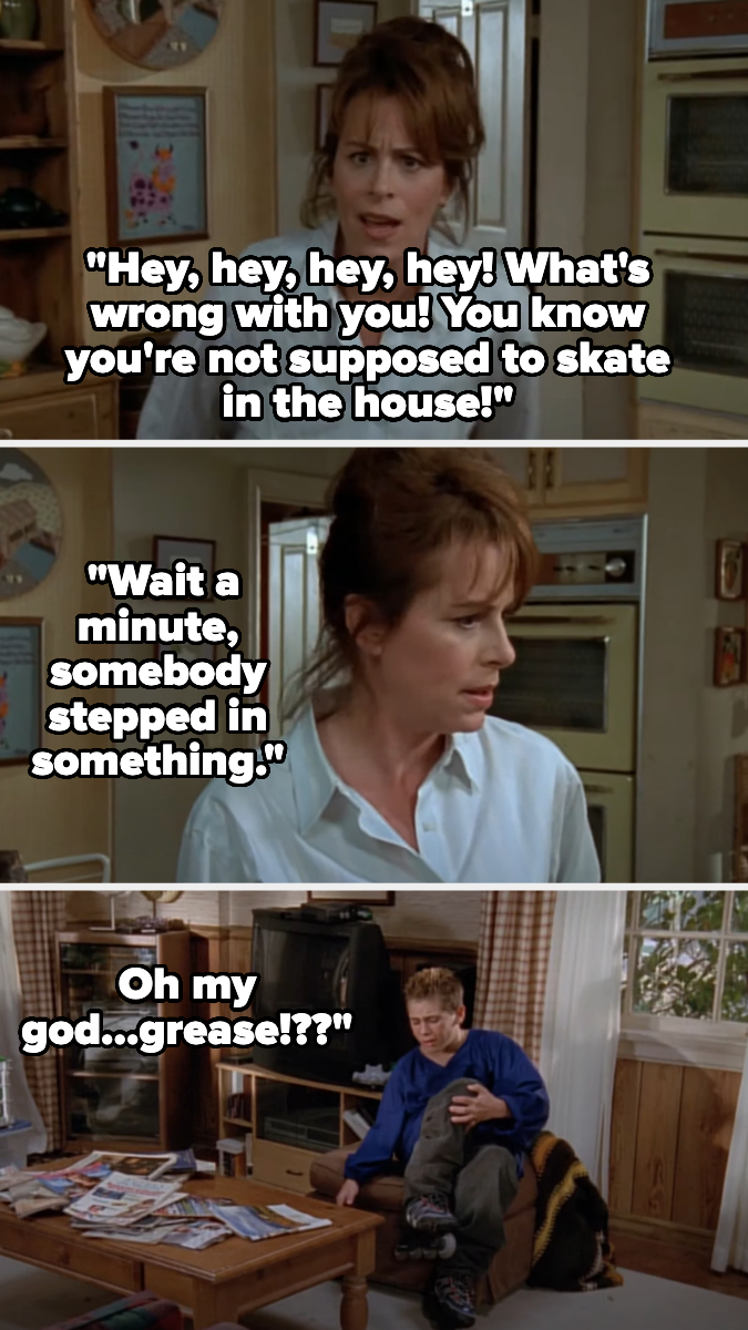 Three stills from "Home Alone" show Kate McCallister scolding Kevin for skating inside and realizing he stepped in grease