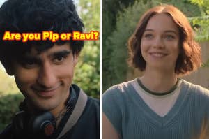 Person smiling with headphones around their neck on the left, text reads "Are you Pip or Ravi?" Person smiling in a knitted vest on the right, outdoors