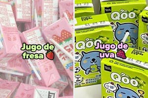 Varios jugos de fresa en cajas a la izquierda, varios jugos de uva en cajas a la derecha